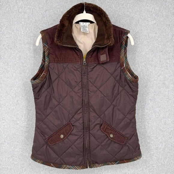 Cabi Womens Puffer Quilted Vest Size M Brown Plaid Corduroy Equestrian Style 694 - Picture 1 of 11